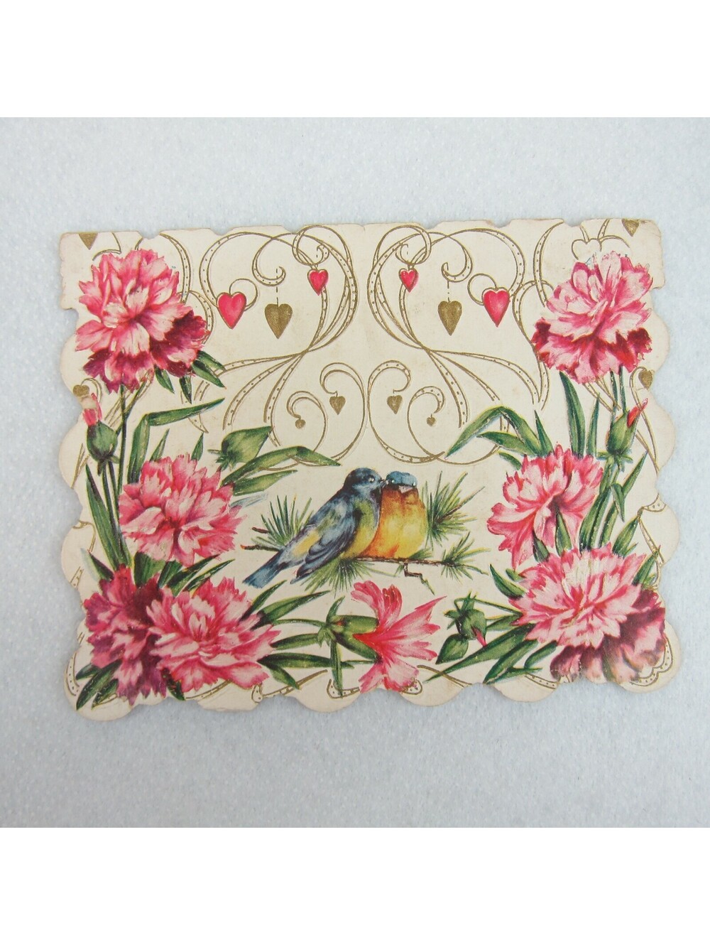 Vintage Valentine Card Pink Carnation Flowers & Blue Birds Gold Scroll Hearts